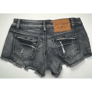 True Gypsy Jean Shorts Cut Off Distress Raw Hem Low‎ Rise Black Denim Lace Up 3